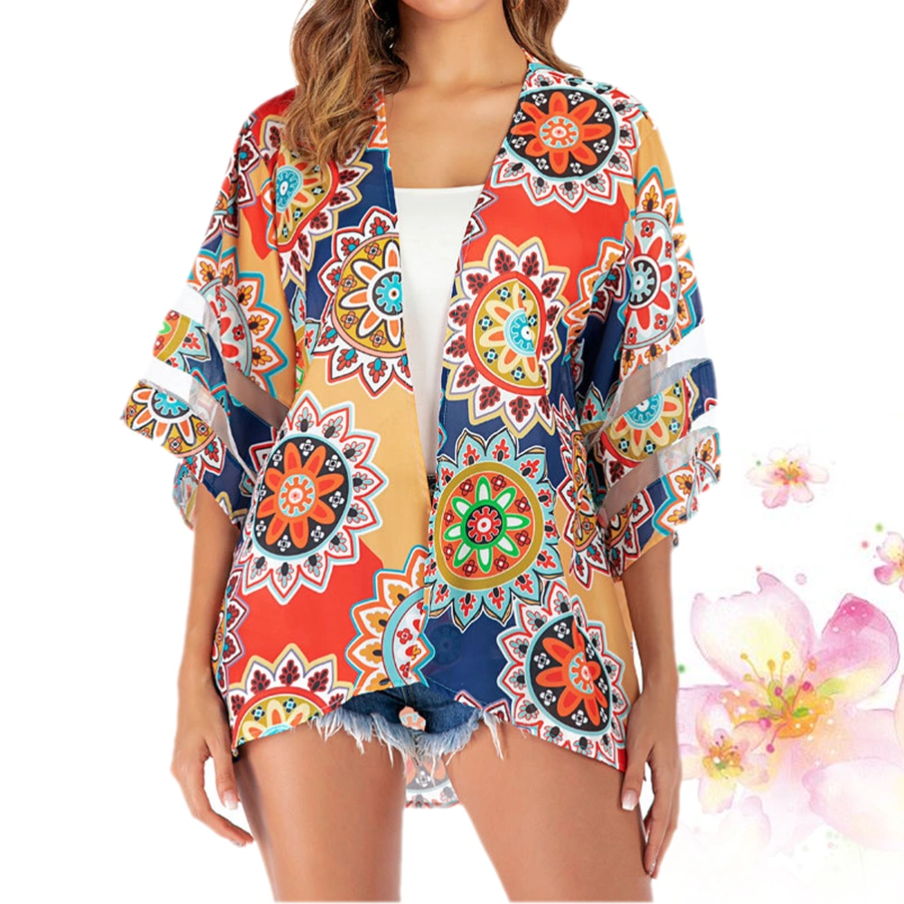 1PC Printing Sun Protection Shirt Beach Sun Block Kimono Stylish Sunscreen Beach Clothes Female Beach Cover for Women Ladies Girls (Khaki Flower Printing Style L)