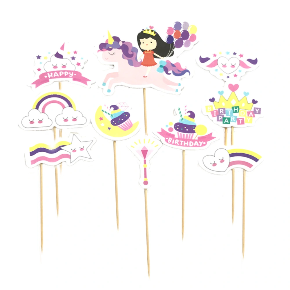 10PCS Unicorn Cards Cake Decoration Pennant Small Girl Balloon Birthday Party Cake Strip Set Cake Dessert Decor Insert for Birthday Gathering Party