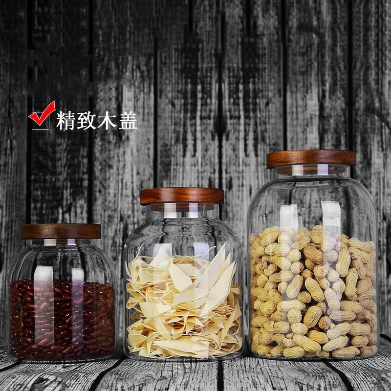 Sealing Storage Jar Glass Food Containers Grain Storage Jar Wood Lid Glass Jar Kitchen Glass Jar