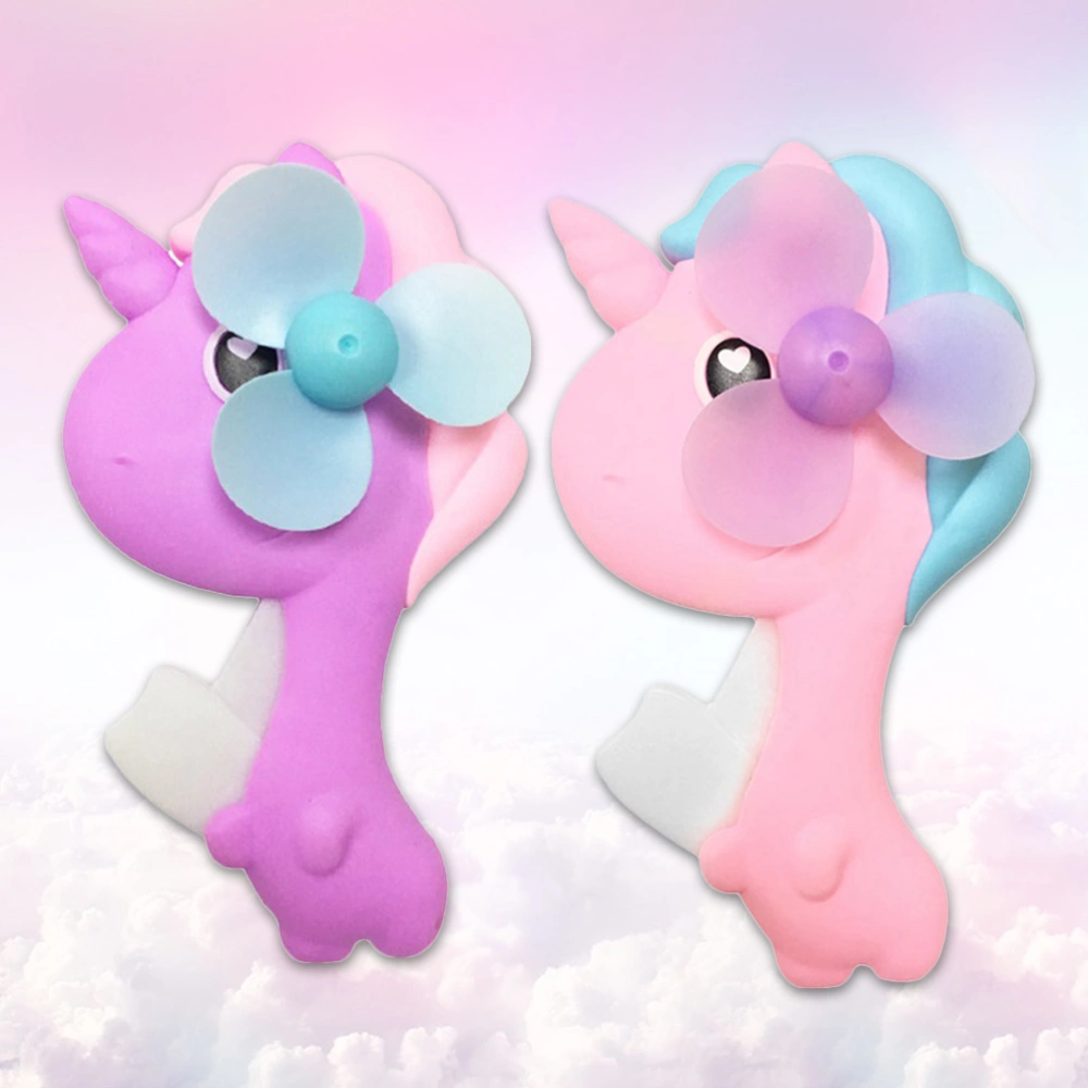 2Pcs Creative Unicorn Cartoon Hand Press Small Fan Plastic Children Toy (Purple + Pink, 1Pc/Each)