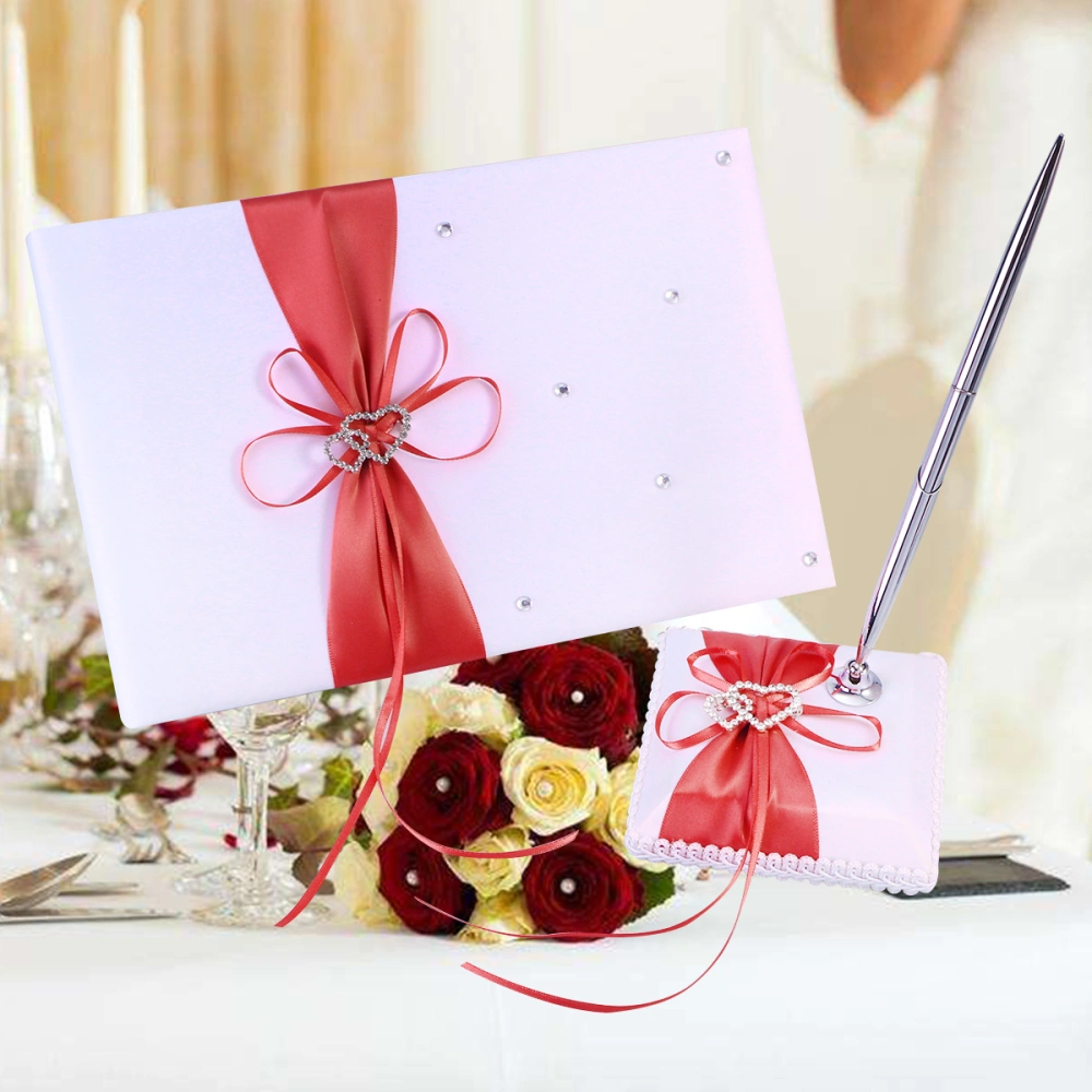 Weddings Decor Guest Attendance Book with Pen and Pen Stand Sets Satin Bows Signature Book for Party Decorations (Red)