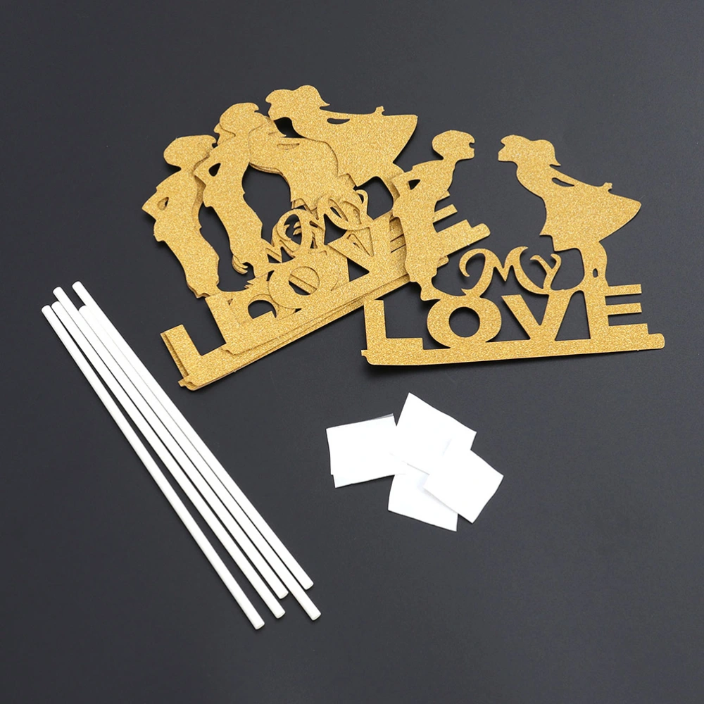 5 Pcs Golden Couple MY LOVE Cupcake Toppers Valentine's Day Glitter Paper Cupcake Picks Cake Decoration Supplies