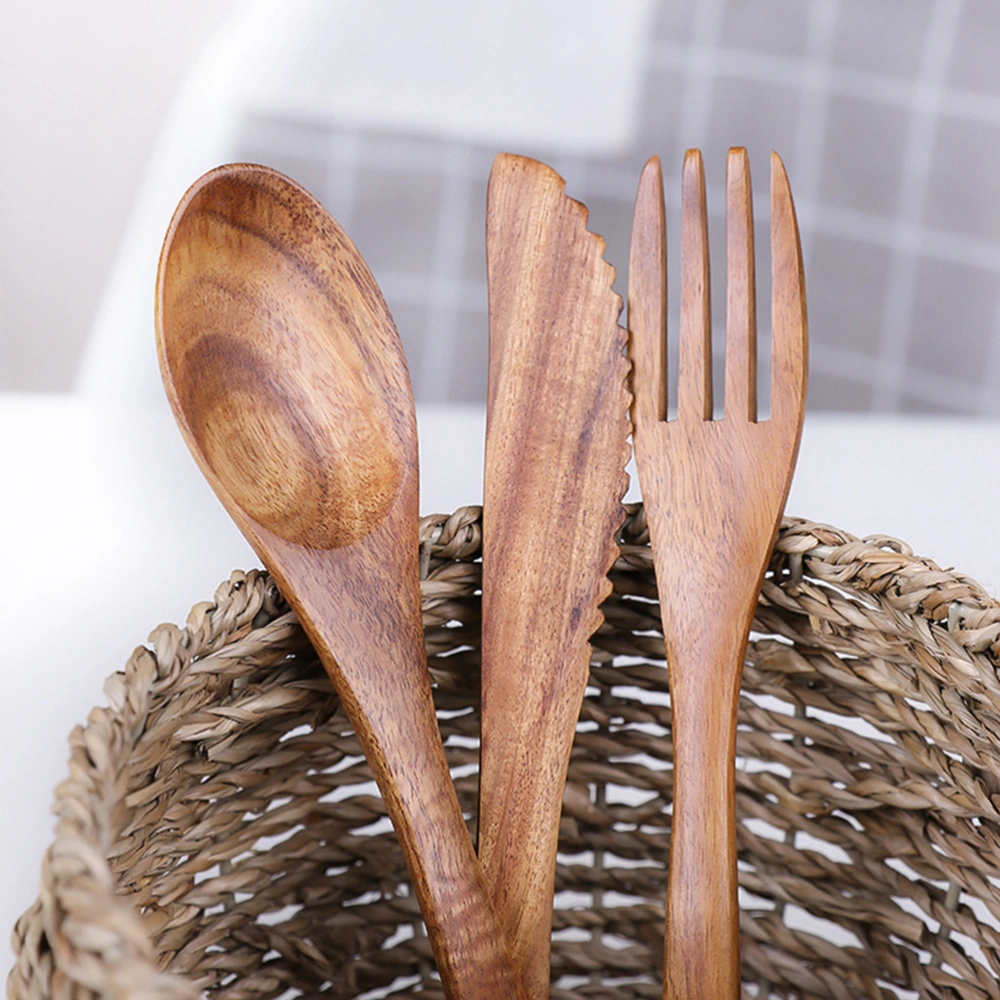 1 Set Wood Tableware Simple Food Spoon Practical Dessert Fork Feeding