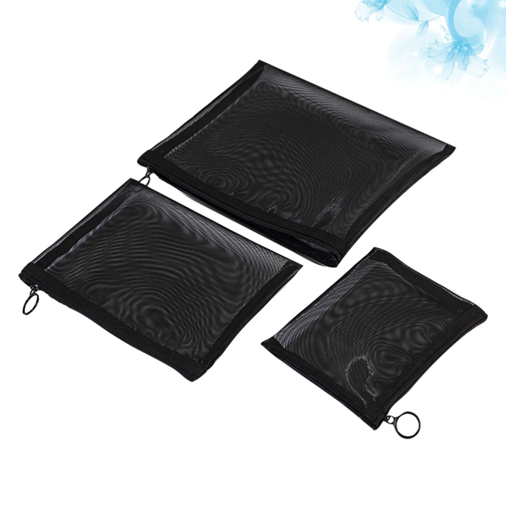 3 Pcs Mesh Makeup Bag Black Cosmetic Organizer Travel Toiletries Storage Pouch Pencil Pouch File Bags (Black)