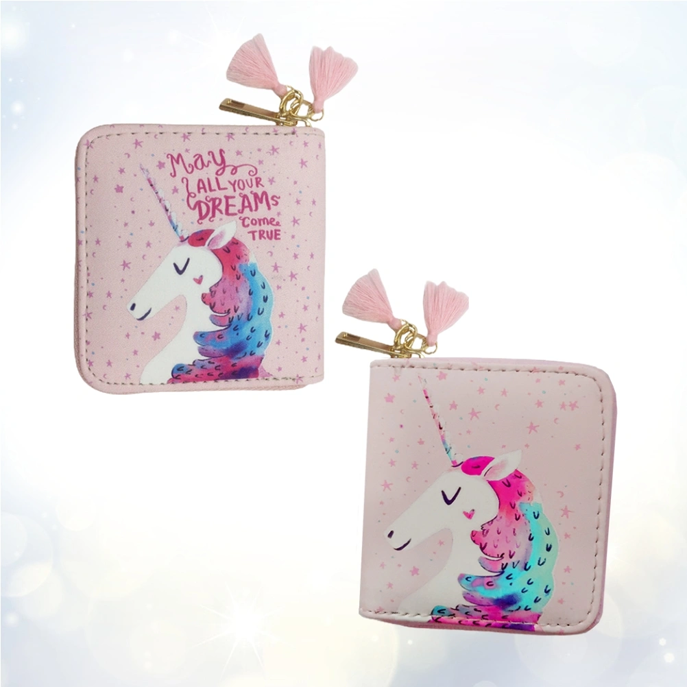 1pc PU Zipper Wallet Cartoon Unicorns Pattern Wallet Small Zipper Wallet for Girls (Pink)