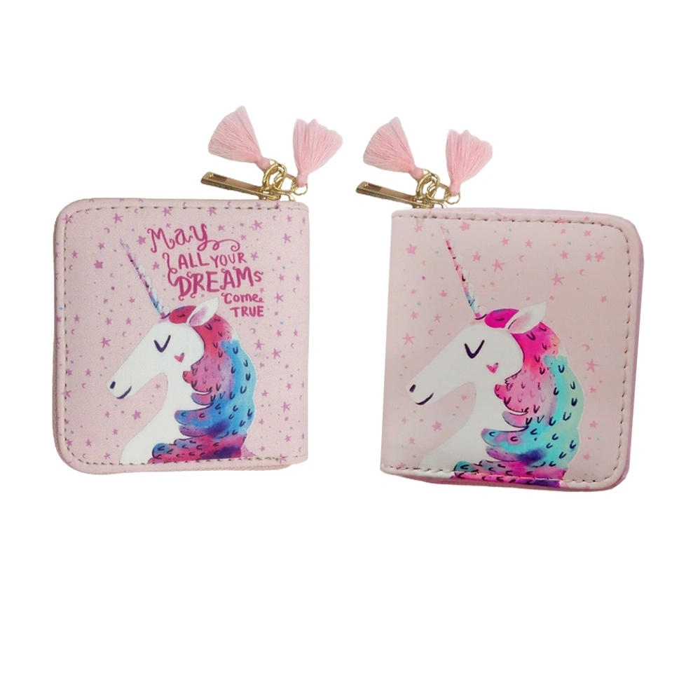 1pc PU Zipper Wallet Cartoon Unicorns Pattern Wallet Small Zipper Wallet for Girls (Pink)