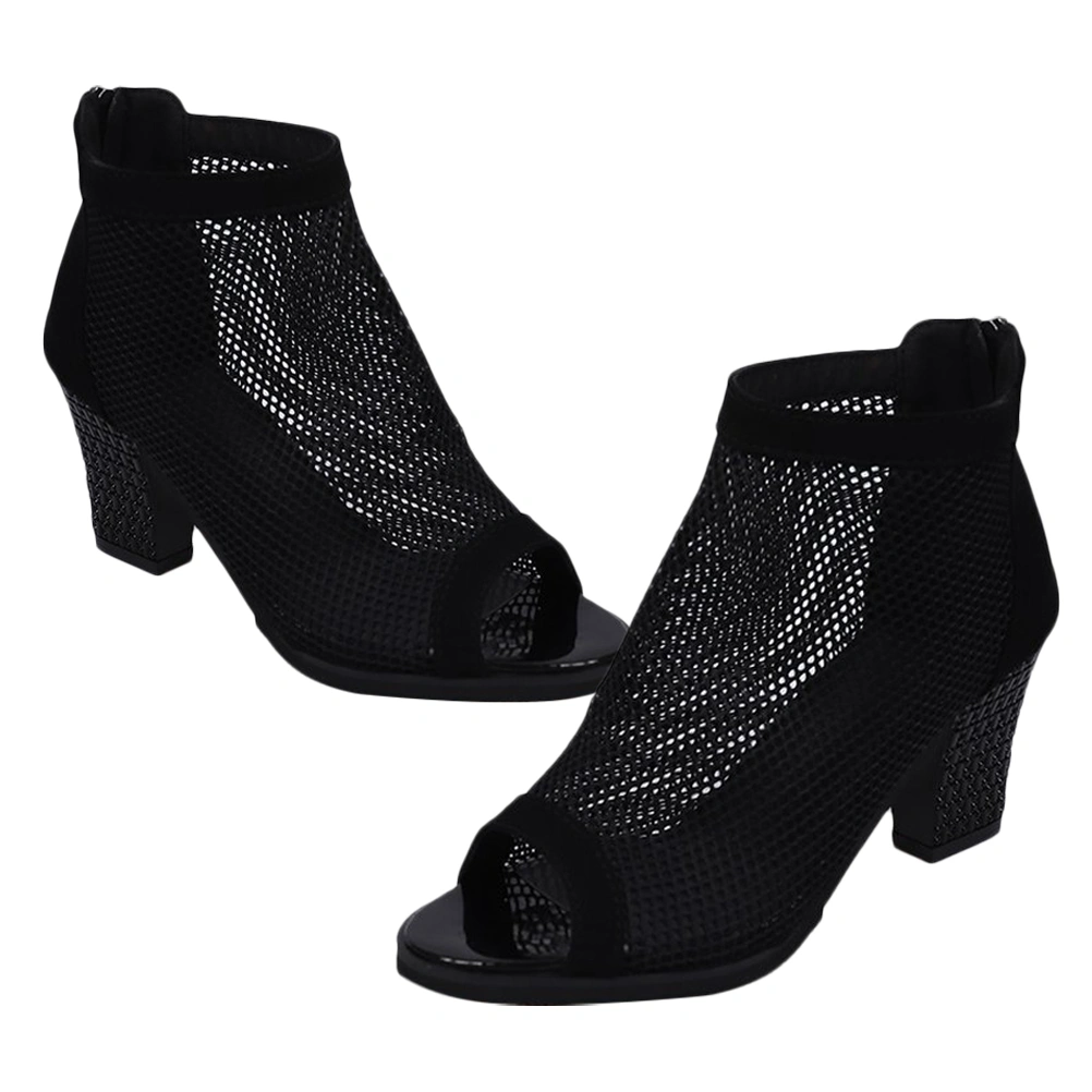 1 Pair Hollow-out Gauze High Heel Sandals Chunky Heels Shoes Fish Mouth Sandals Stylish Female Sandals (Black, Size 38, 7US, 4.5UK，38EU,9.432Inch)