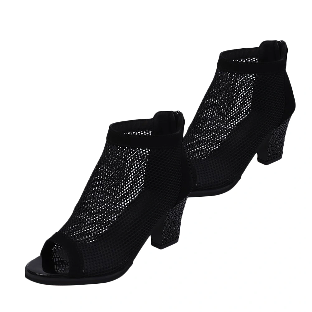 1 Pair Hollow-out Gauze High Heel Sandals Chunky Heels Shoes Fish Mouth Sandals Stylish Female Sandals (Black, Size 38, 7US, 4.5UK，38EU,9.432Inch)