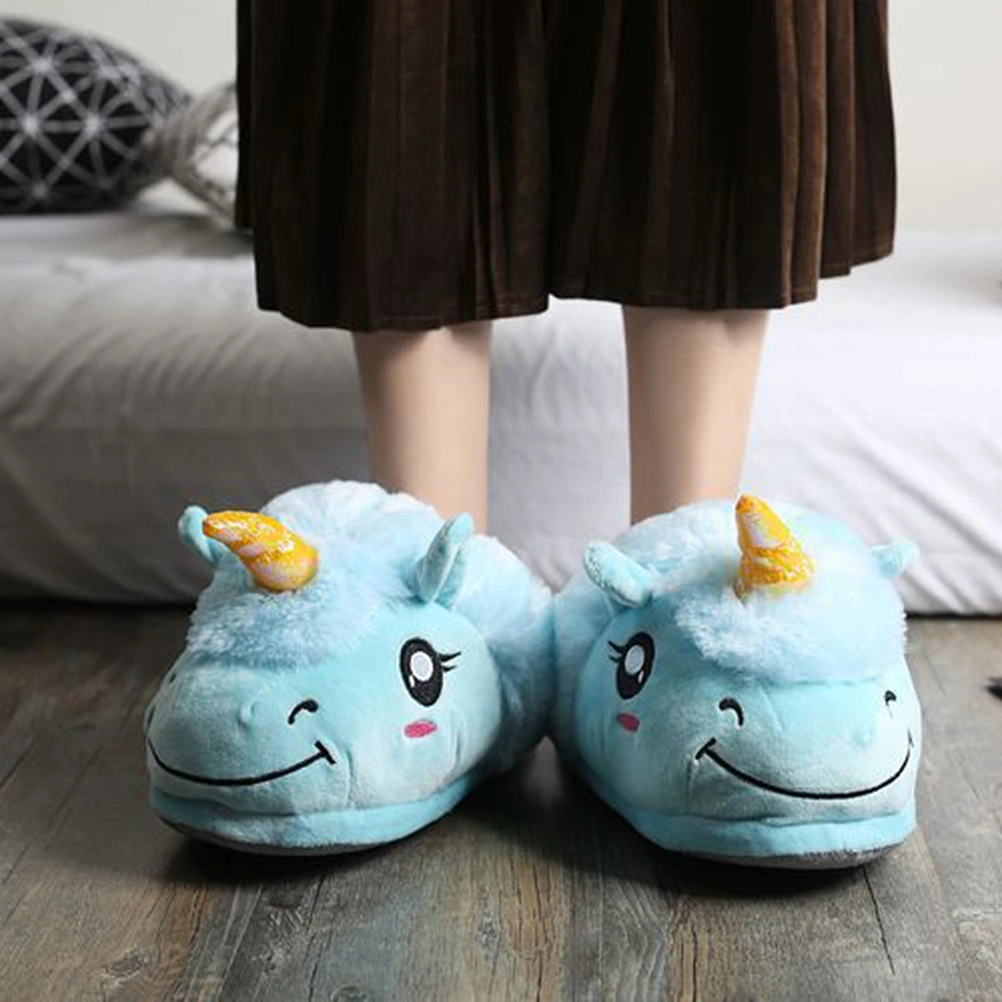 1Pair Croissant Plush Slippers Autumn Winter Cartoon Men and Women Unicorn Cotton Mops for Free Size 35-44 (Blue)
