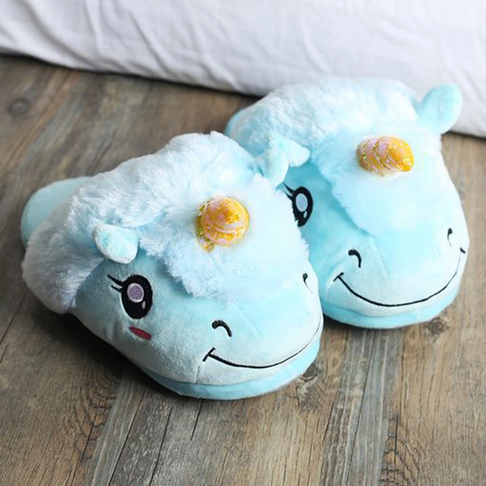 1Pair Croissant Plush Slippers Autumn Winter Cartoon Men and Women Unicorn Cotton Mops for Free Size 35-44 (Blue)