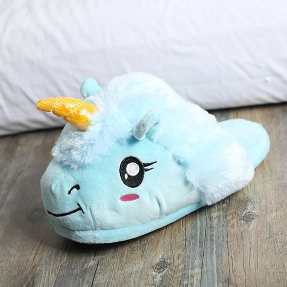1Pair Croissant Plush Slippers Autumn Winter Cartoon Men and Women Unicorn Cotton Mops for Free Size 35-44 (Blue)