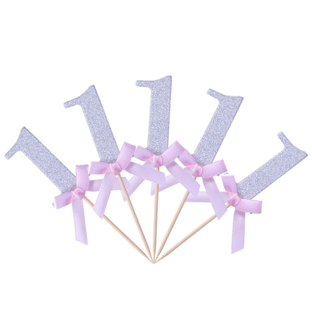 10Pcs Handmade Number 1 Birthday Wedding Cake Decorating Cupcake Toppers - Glitter Silver with Pink Ribbon