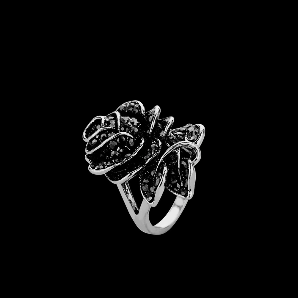 1Pc Antique Black Rose Ring Vintage Rose Ring Rose Petals Ring Multilayers Rose Ring (Silver, Size 6)