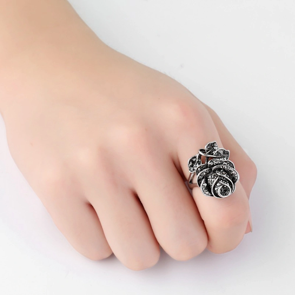 1Pc Antique Black Rose Ring Vintage Rose Ring Rose Petals Ring Multilayers Rose Ring (Silver, Size 6)