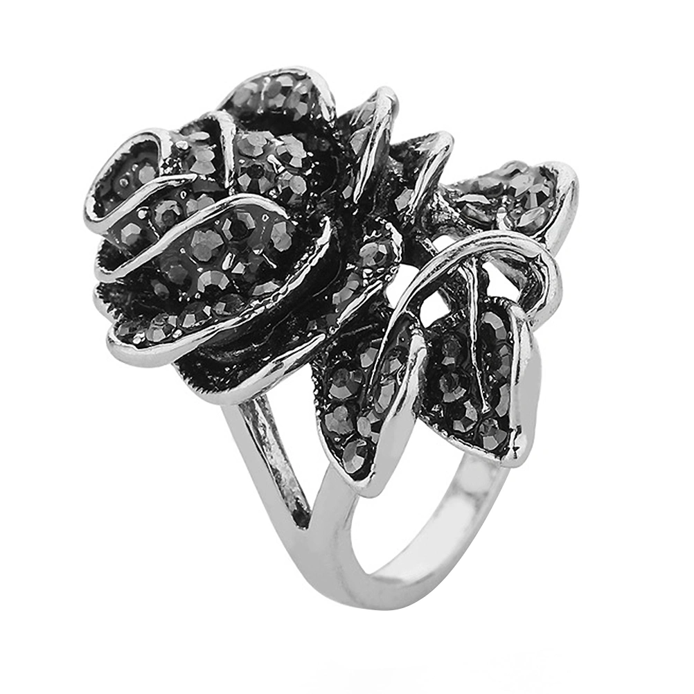 1Pc Antique Black Rose Ring Vintage Rose Ring Rose Petals Ring Multilayers Rose Ring (Silver, Size 6)