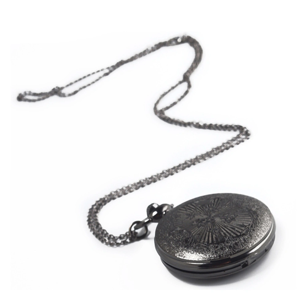 Retro Romanesque Style Hanging Pocket Watch Vintage Pattern Round Quartz Watch Pendant Chain Necklace (Black)