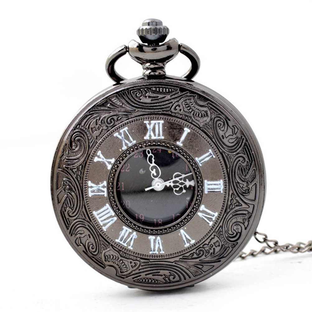 Retro Romanesque Style Hanging Pocket Watch Vintage Pattern Round Quartz Watch Pendant Chain Necklace (Black)