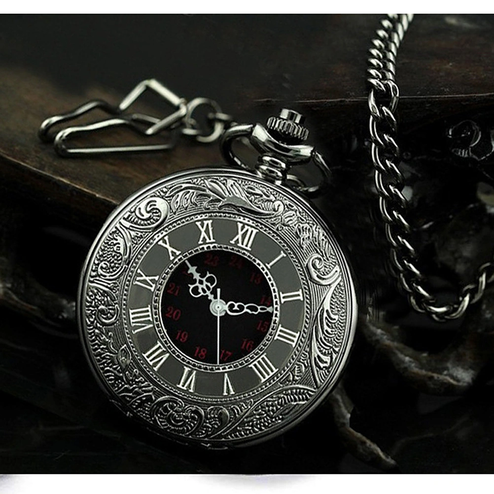 Retro Romanesque Style Hanging Pocket Watch Vintage Pattern Round Quartz Watch Pendant Chain Necklace (Black)