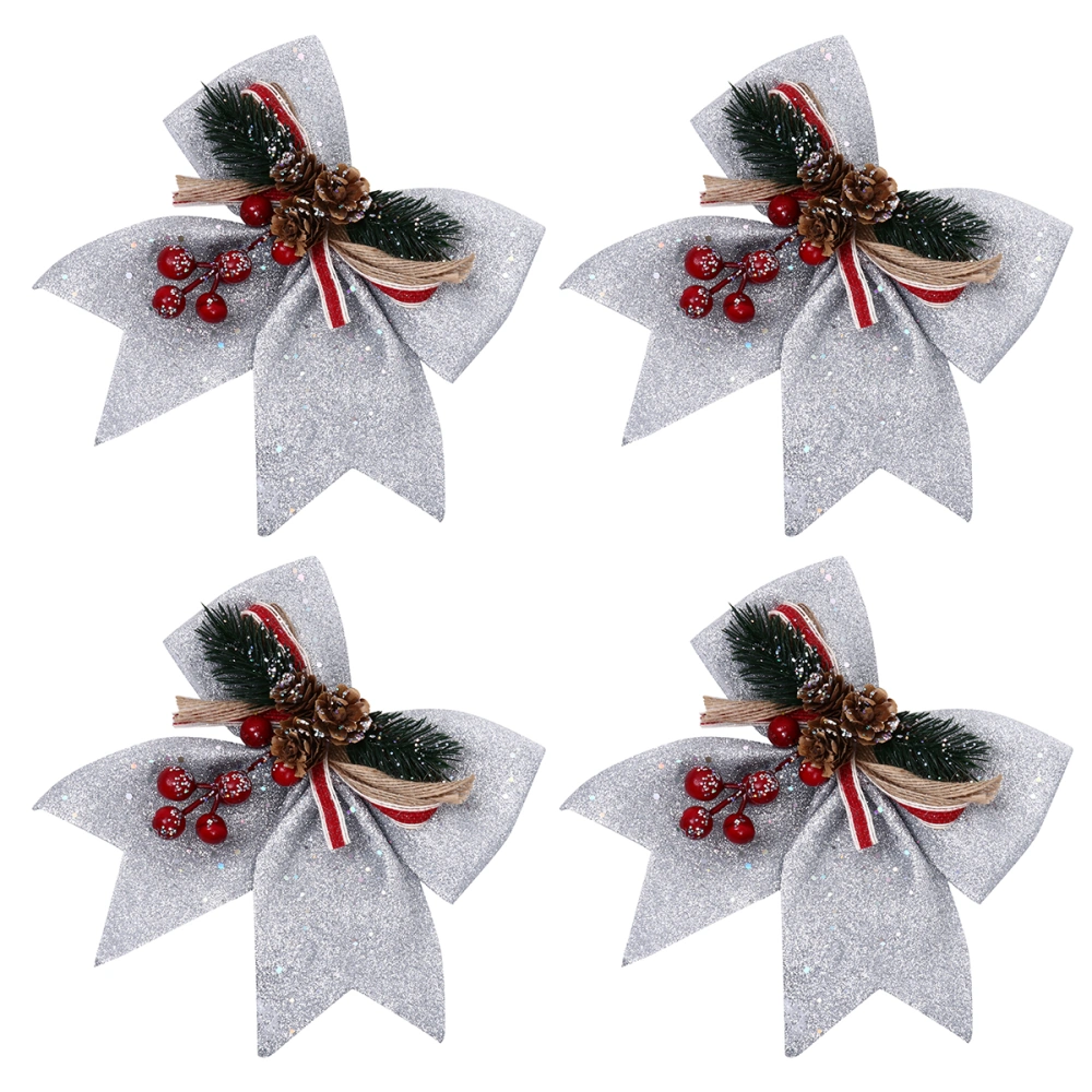 4pcs Christmas Atmosphere Decor Christmas Tree Pendant Glitter Pine Cone Bow