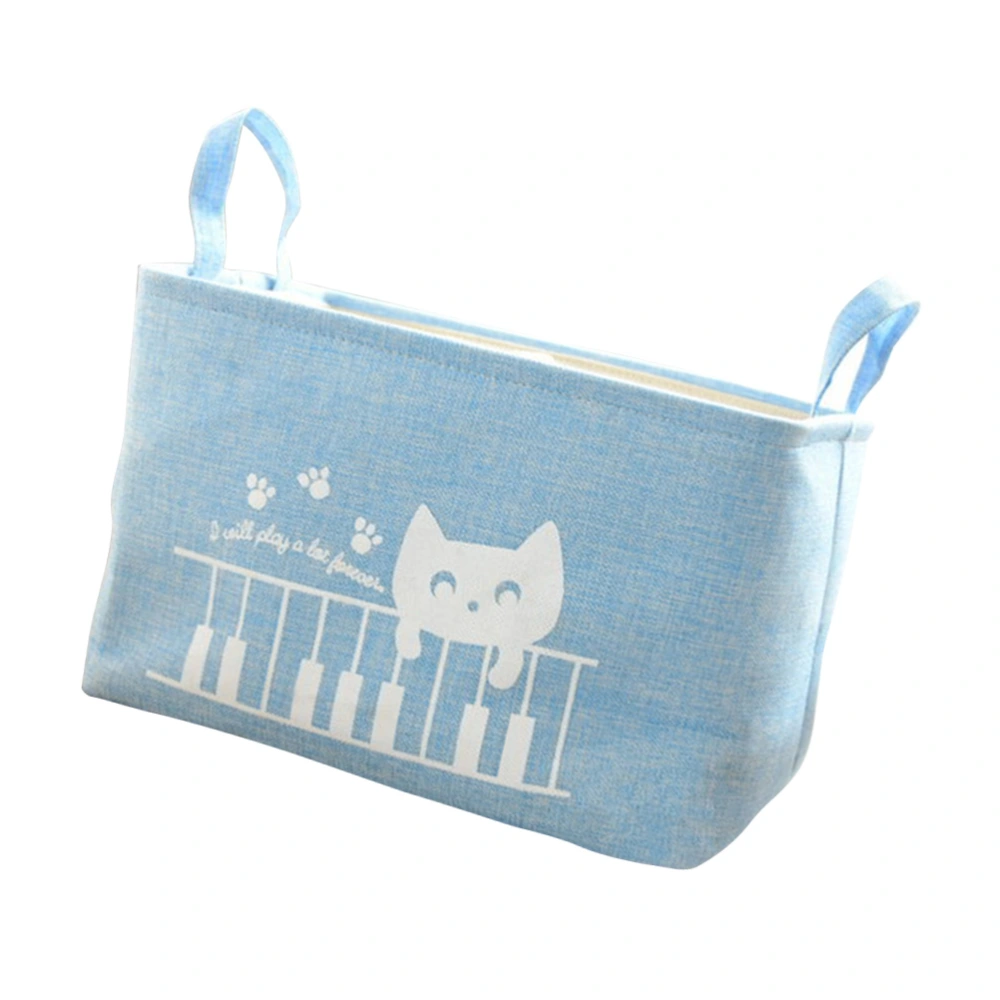 Cartoon Cat Pattern Storage Basket Imitation Linen EVA Lining Laundry Hamper Dustproof Toys Holder Sundries Organizer (Blue)