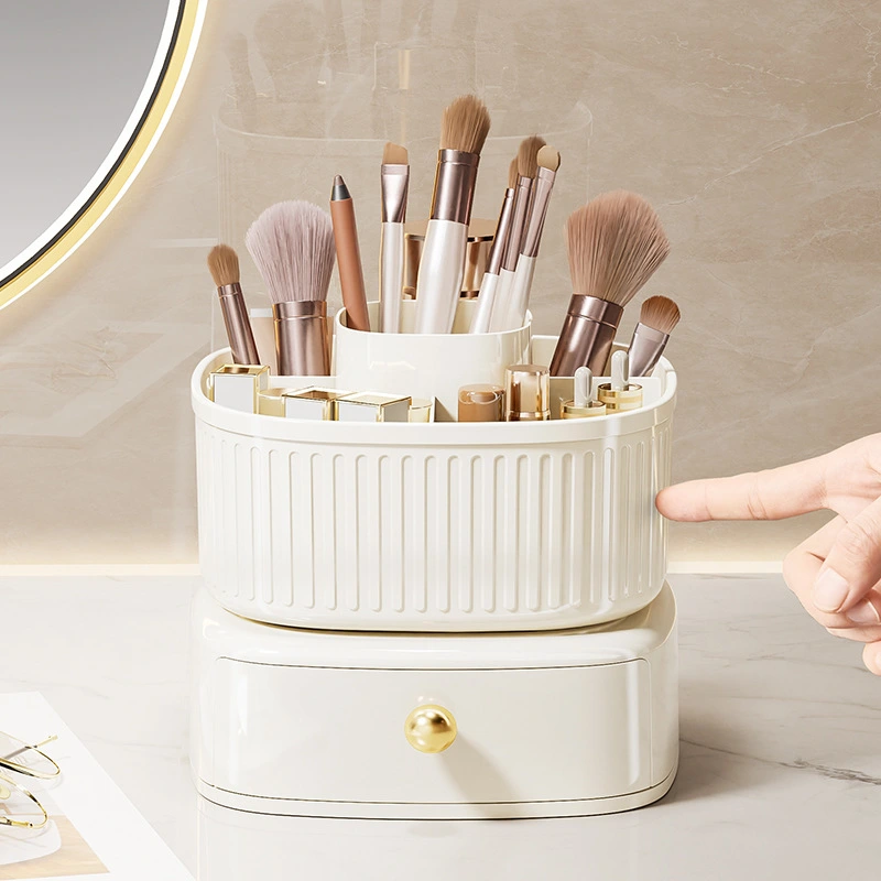 Rotating Makeup Brush Holder Desktop Organizer Makeup Compartments Organizer with Drawer