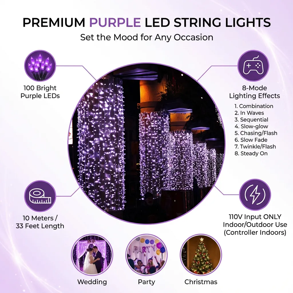 10M 110V 100-LED 8-Mode LED String Lights LED Strip Lights Decorative Lamps for Christmas /Wedding /Party (Purple Light)