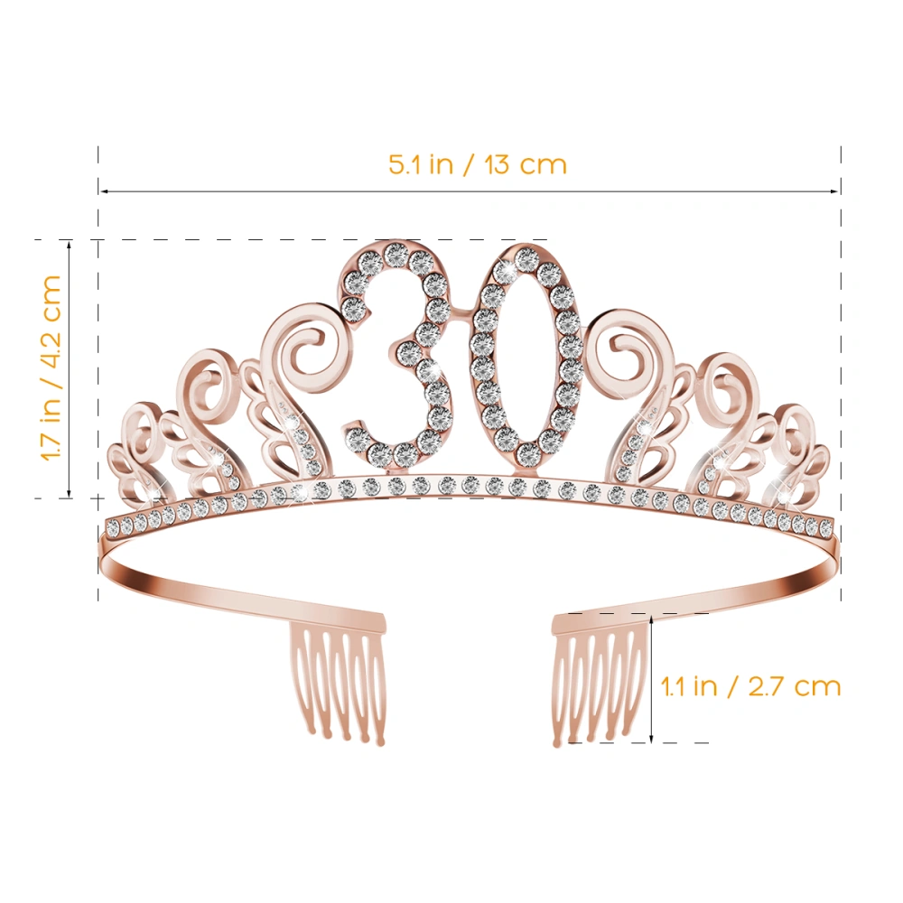 Frcolor 1PC Birthday Crystal Rhinestone Tiara Queen Crowns Dance Party Headband Hair Combs Pin for Women's 30th Birthday Party Favor Rose Gold