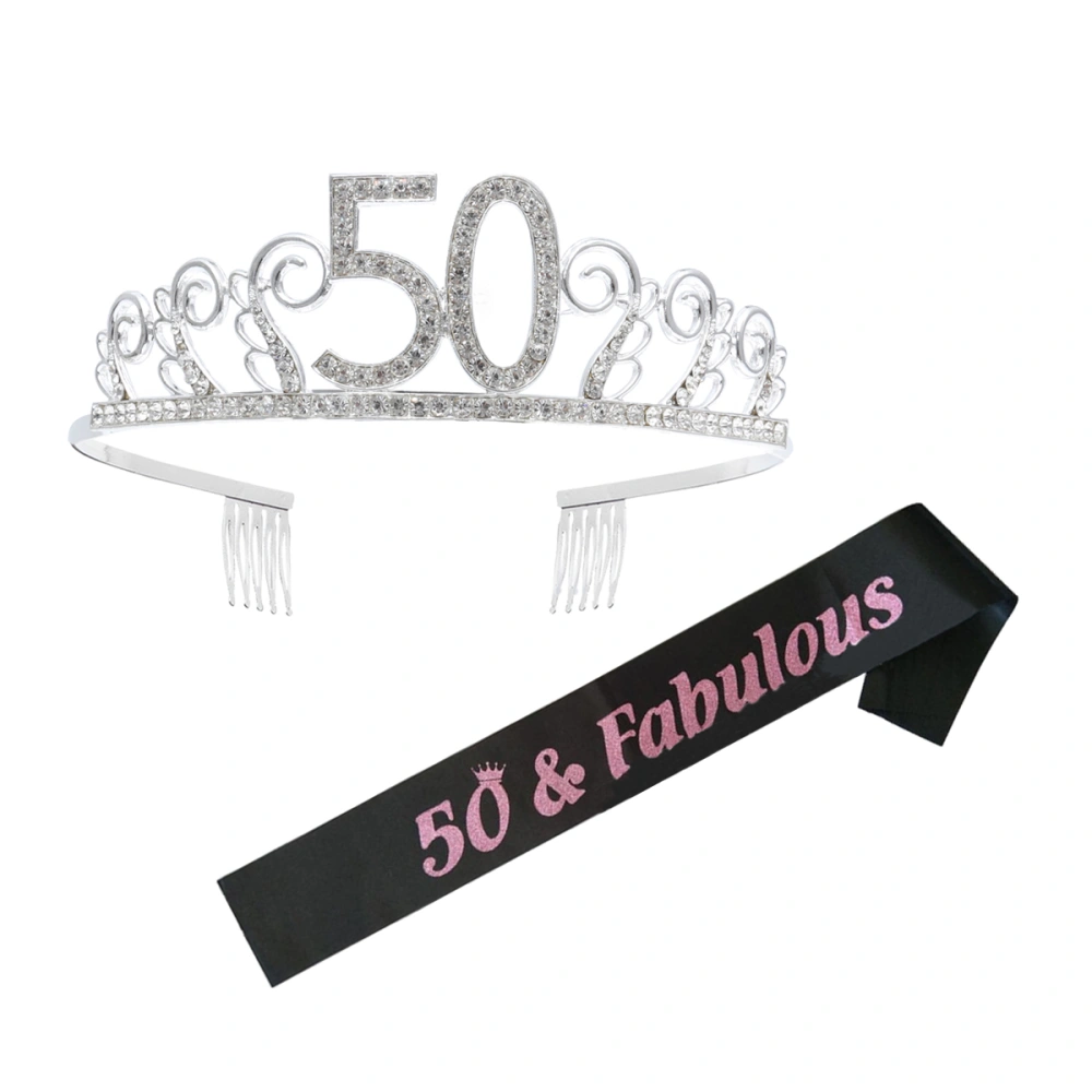 1 Set Number 50 Rhinestone Crown Hair Comb and Letter Printing Sash Decoration Headress Tiara Head Accessory Birthday Decoration Etiquette Belt