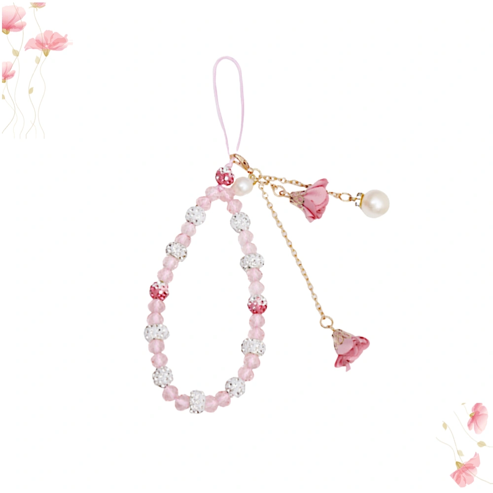 1PC Mobile Phone Case Pendant Flower Rhinestone Imitation Pearl Phone Lanyards Cards Hanging Rope (Random Color)