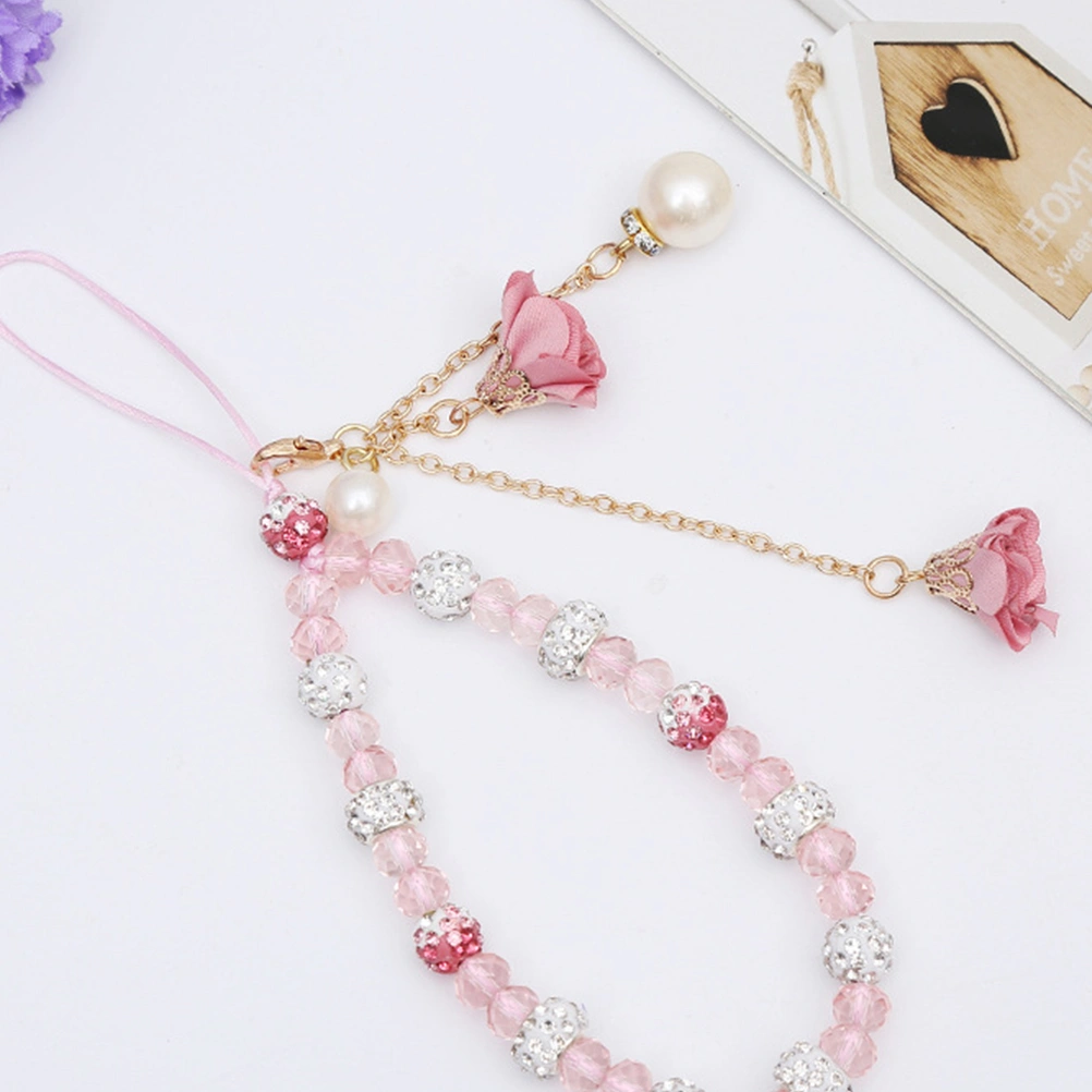 1PC Mobile Phone Case Pendant Flower Rhinestone Imitation Pearl Phone Lanyards Cards Hanging Rope (Random Color)