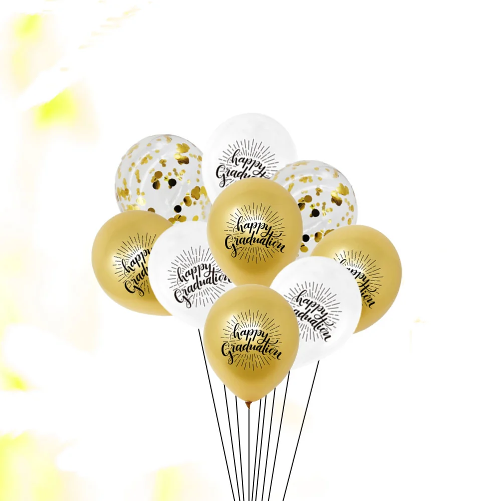 15pcs in 1 Set 12 Inches Graduation Theme Party Balloons Set Latex Printing Balloons Party Confetti Balloons Decorative Props Background Ornaments Party Supplies (5pcs Gold and 5pcs White Printing Balloon, 5pcs Golden Confetti Balloon)