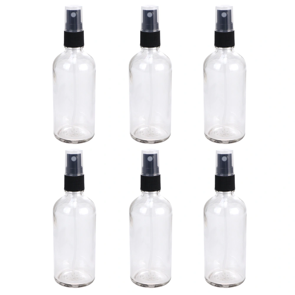 6pcs 100ml Transparent Spray Bottle Empty Mist Atomizer Glass Water Sprayer Multifunctional Refillable Dispenser with Black Lid for Makeup Perfume Travel