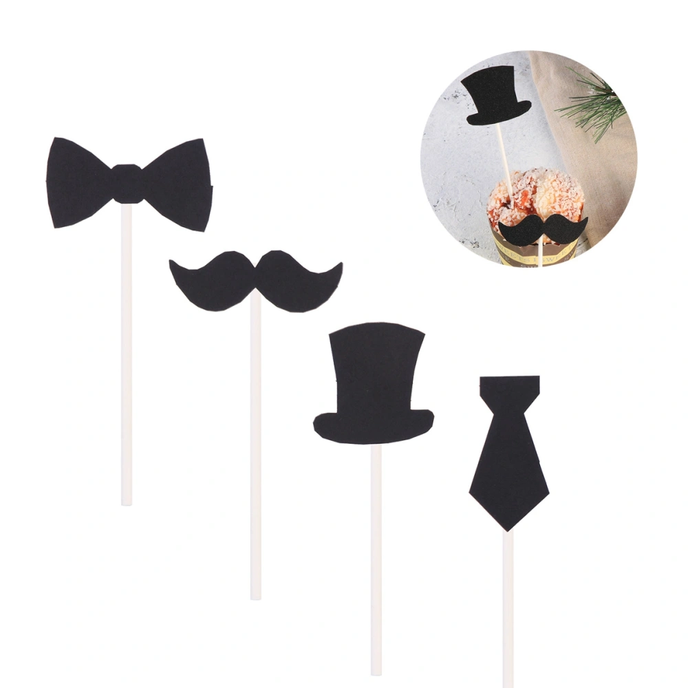 12 Pcs Cake Toppers Glitter Paper Bow Tie Doctor Hat Beard Cupcake Toppers Set Dessert Table Decorative Supplies (Bow/Tie/Doctor Hat/Beard, Black)