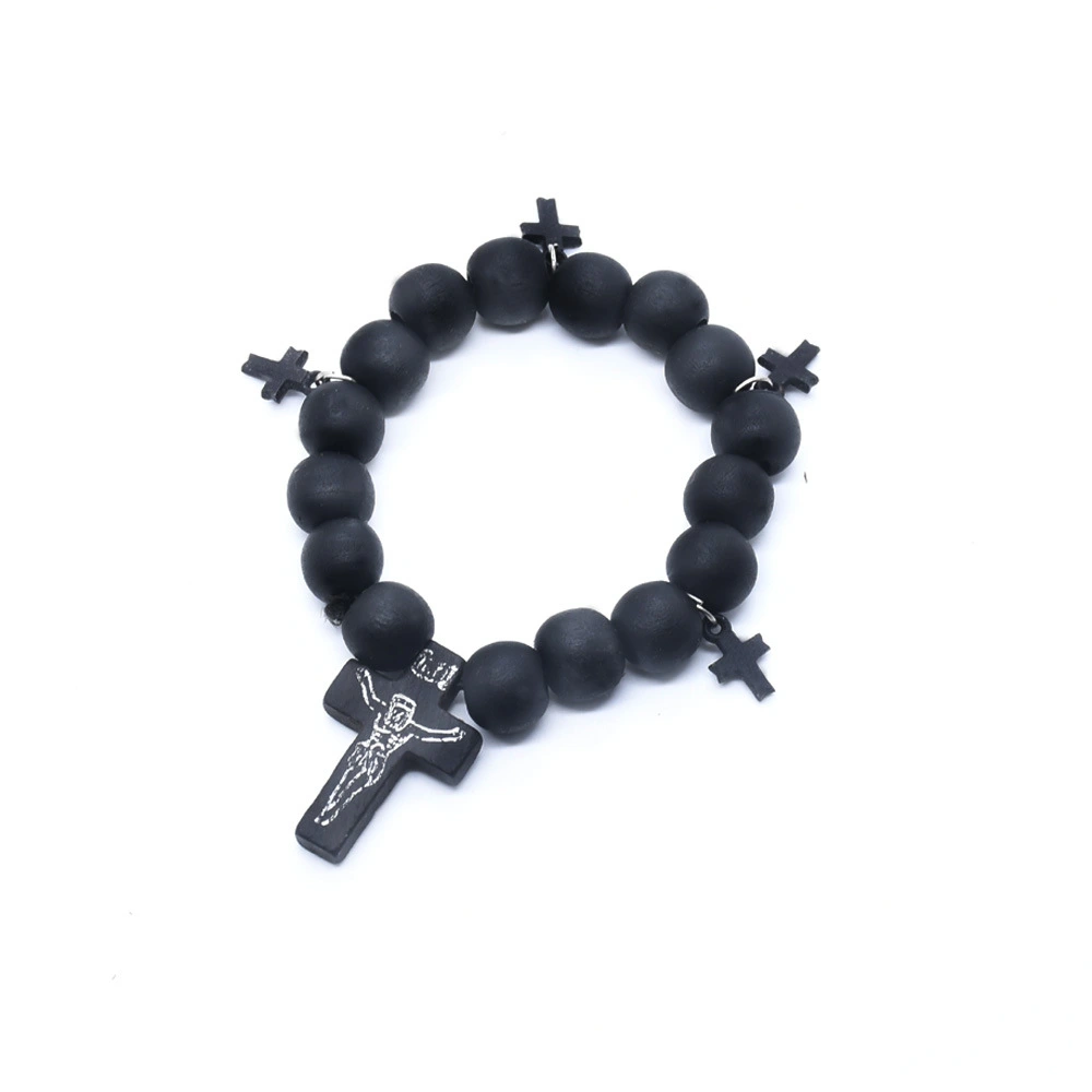 Cross Bracelet Wooden Beads Beaded Elastic Bracelet Cross Hand Jewelry Wrist Jewelry Bracelet