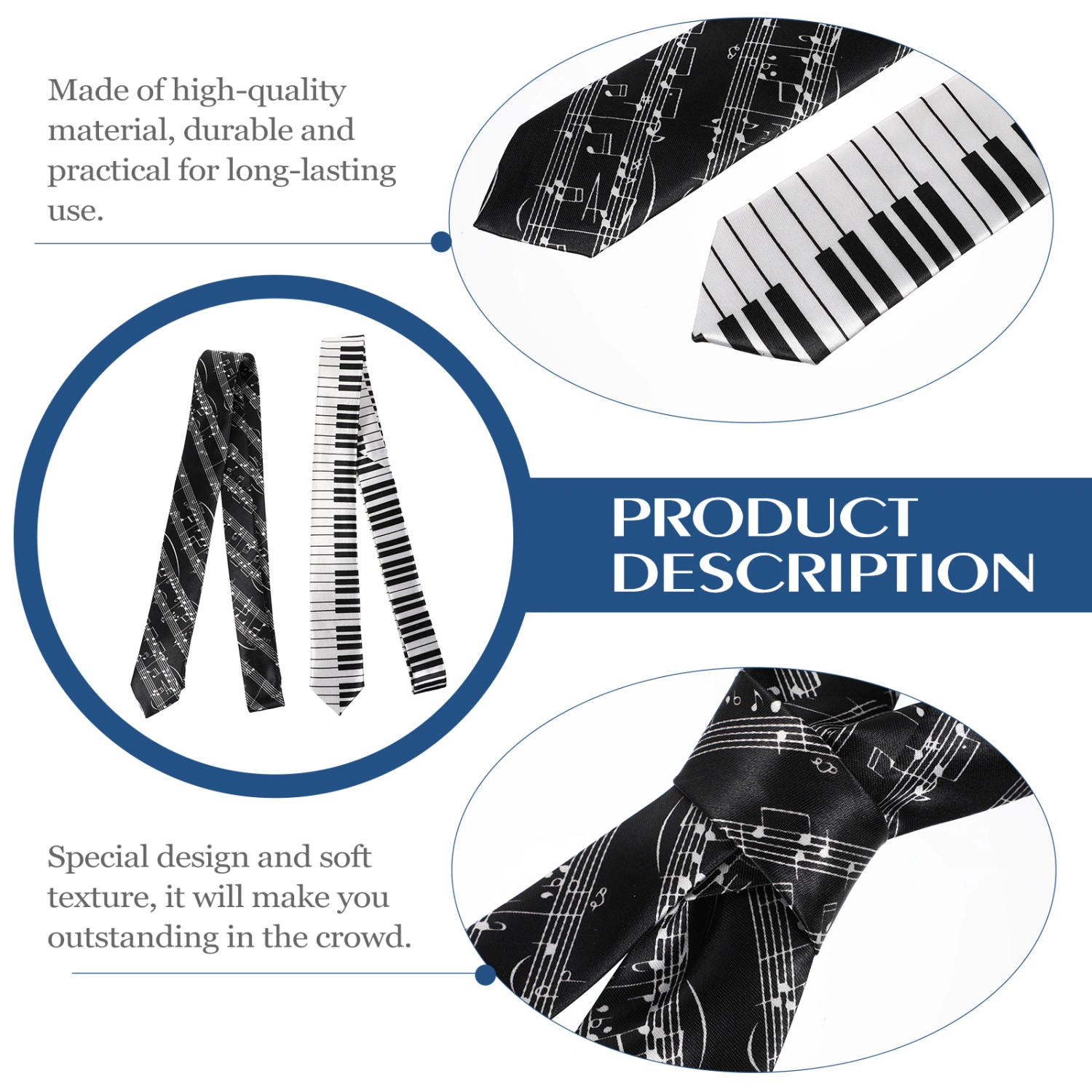 2PCS Piano Stave Pattern Necktie Premium Party Necktie Comfortable Necktie