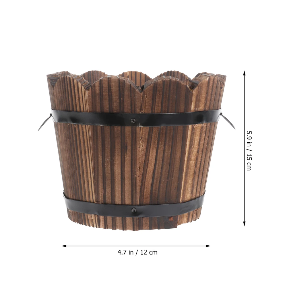 Solid Wood Carbonized Fleshy Flower Pot Balcony Planting Preservative Flower Holder Home Decoration Retro Wooden Small Barrel Wave Mouth Middle Size (Brown)