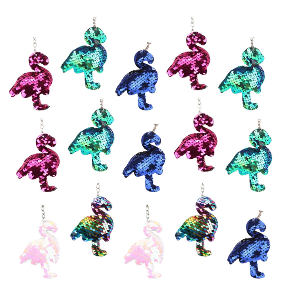 15pcs Flamingo Keychains Shiny Sequin Keychains Creative Animal Key Rings Pendant Ornaments Key Holder Party Supplies for Car Key Bag Decor(Colorful, Blue, Pink White, Green, and Rosy, 3pcs for Each Color， Mixed Color)