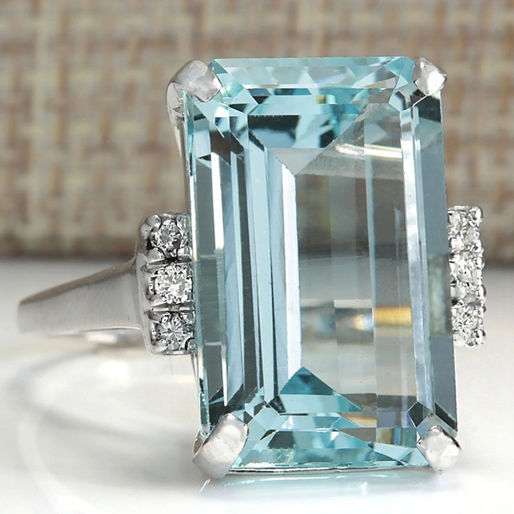 Women Luxury Topaz Ring Light Blue Stone Finger Ring Jewelry for Engagement Wedding (Size 6)