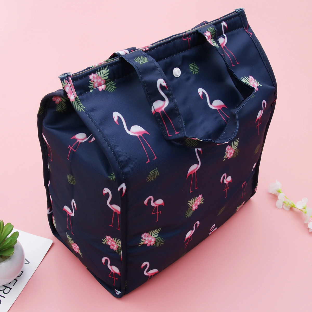 Portable Insulated Lunch Bag Flamingo Pattern Aluminum Foil Picnic Handbag for Outdoor Camping Travel