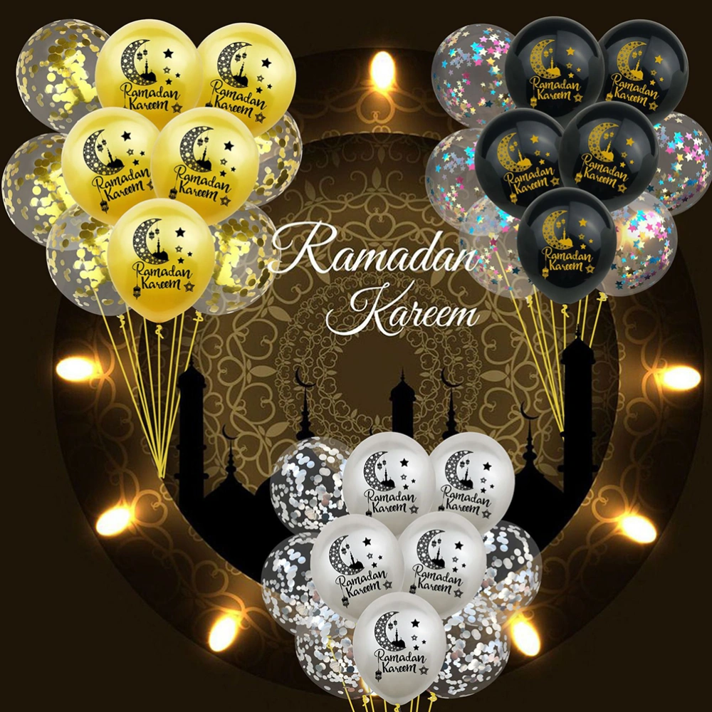 20pcs 12 Inches Ramadan Kareem Letter Printing Balloons Latex Confetti Balloons Ornaments Set Ramadan Layout Decorations Party Supplies without Ribbon(10pcs Black Printing and 10pcs Golden Confetti Balloon)