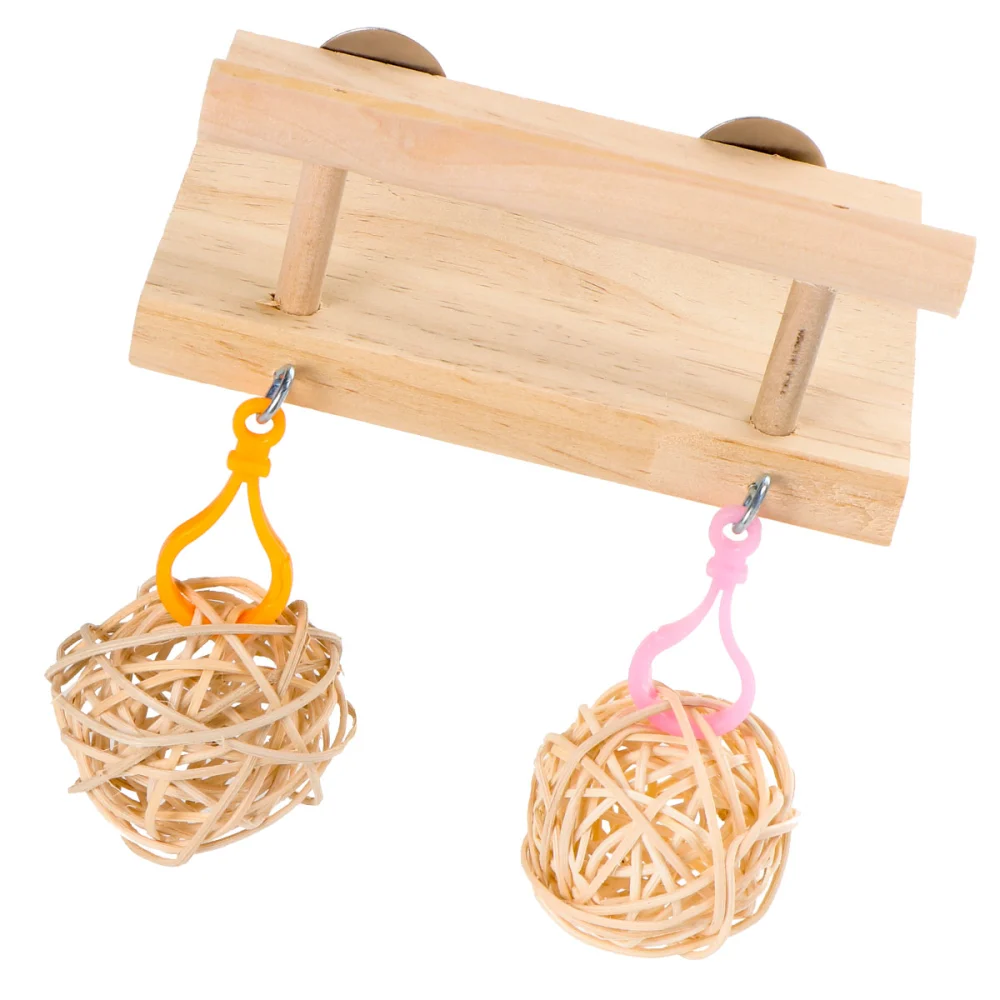 Wooden Pedal Jump Platform Cage Mounted Board with Rattan Ball for Hamster Parrot Bird Pet Entertainment