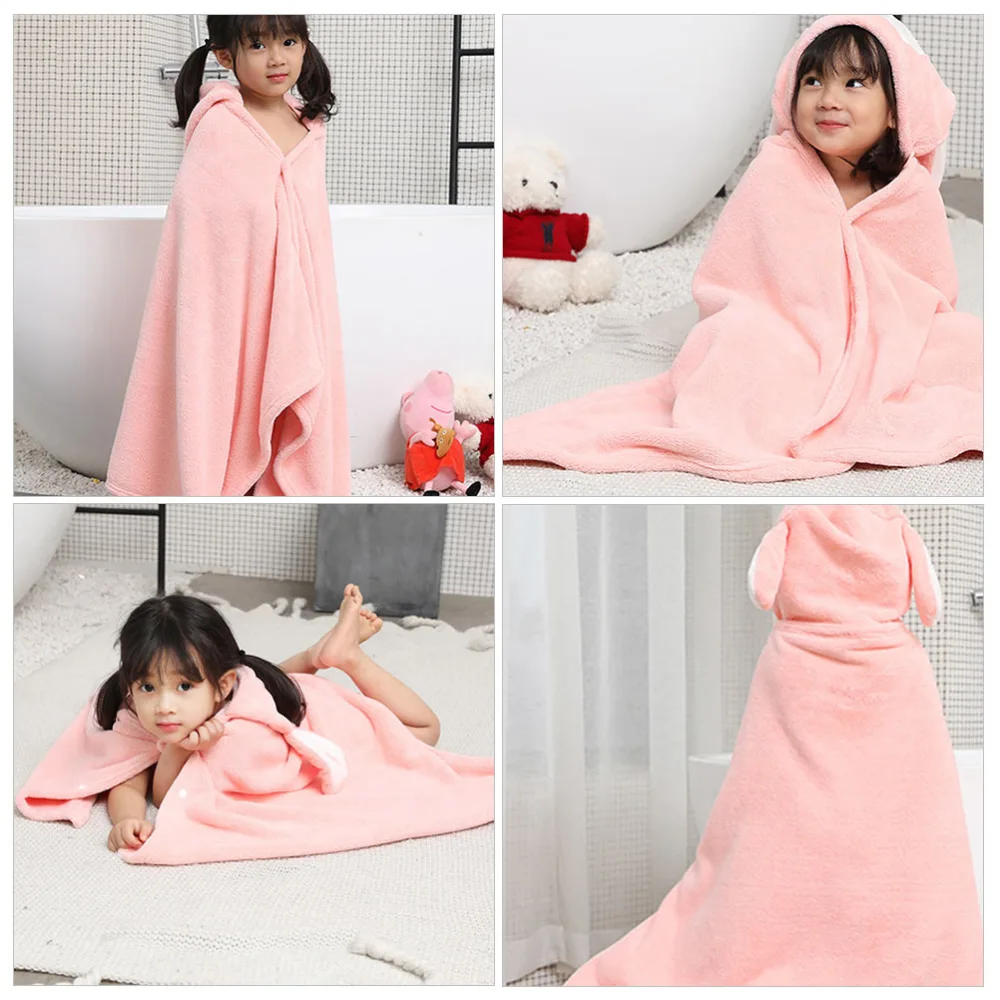 1PC Cartoon Hooded Kids Bath Towel Coral Fleece Children Bathing Cloak (Pink)