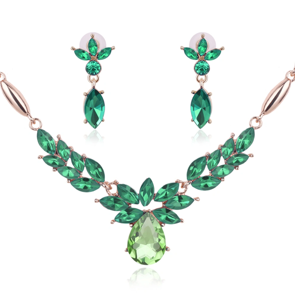 Crystal Rhinestone Flower Shaped Necklace Earring Sets Wedding Bridal Jewelry (Green)