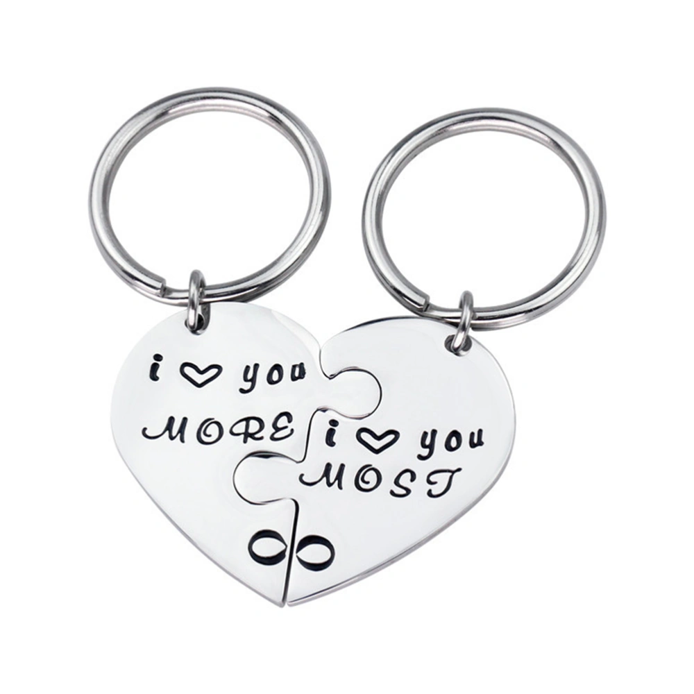 Carved Titanium Steel Keychains Cobination Creative Heart Shaped Puzzle Key Rings Valentines Gift for Couple Lovers -I LOVE YOU MORE + I LOVE MOST 