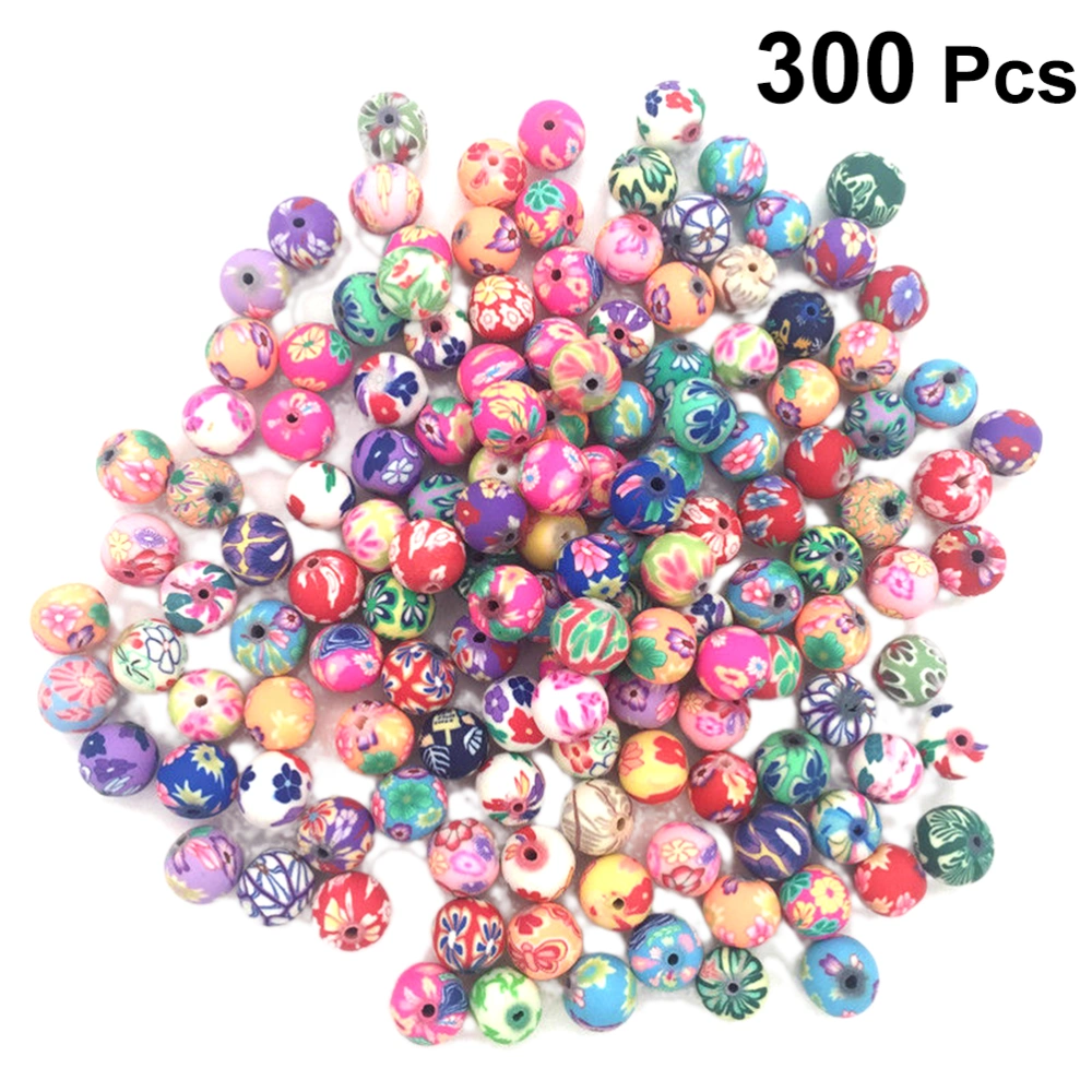 300pcs 10MM Clay Beads Decorative Spacer Beads Colorfully Patterned Beads for Jewelry Making(Random Color)