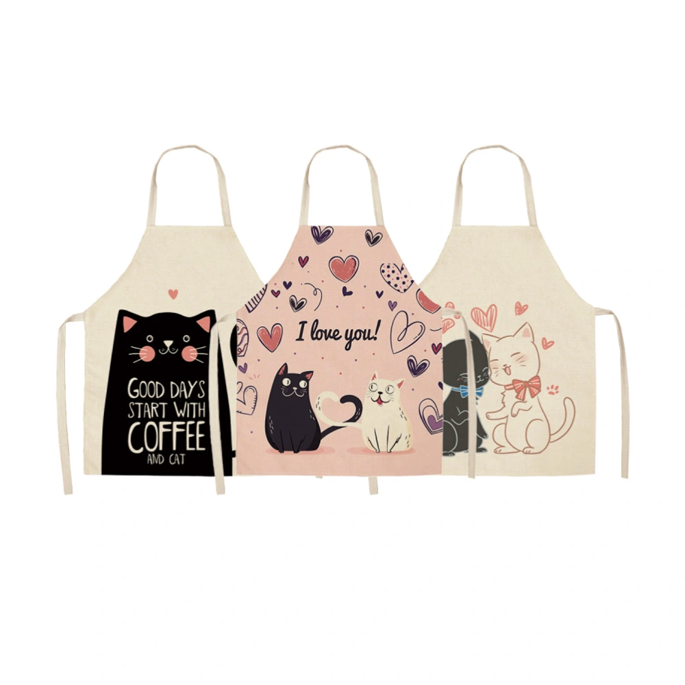 3Pcs Cotton Linen Aprons Cartoon Cat Pattern Aprons Cooking Bib for Baking Kitchen (68x55cm, 01 + 02 + 03, 1Pc/Each)