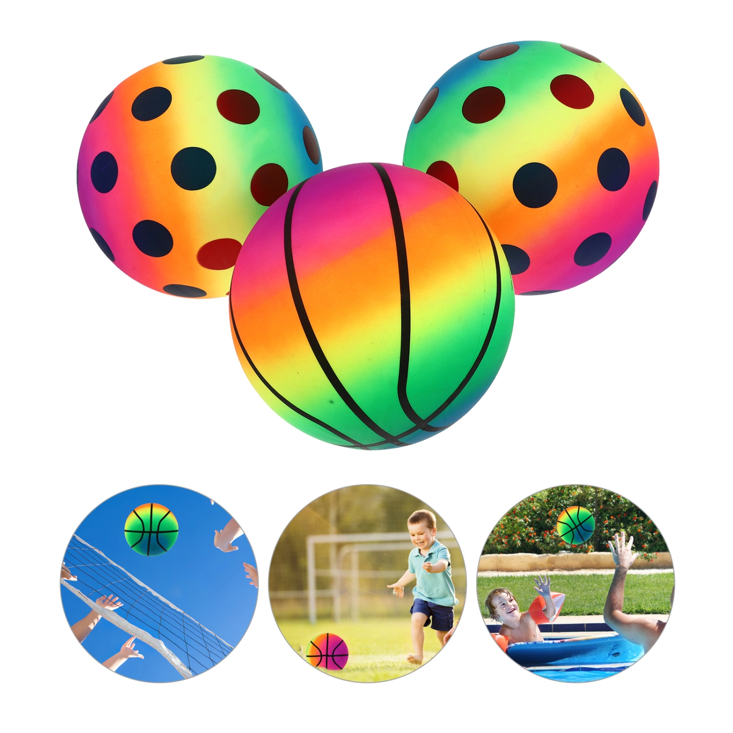 3pcs Thickened Rainbow Balls Inflation Beach Sports Play Ball Kickball Handball Toy for Indoor Outdoor Playground Activities (Random Pattern)