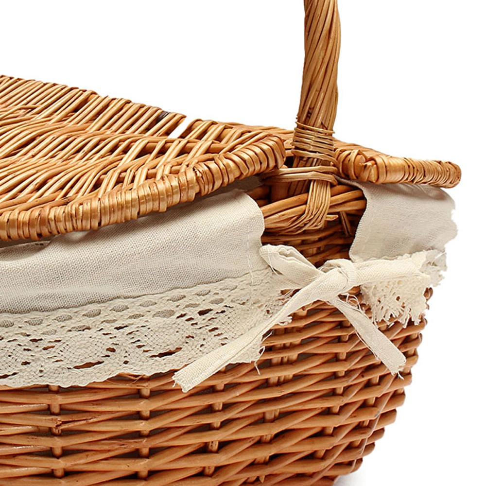 Wicker Willow Picnic Basket Hamper Shopping Storage Basket with Lid and Handle and White Liner