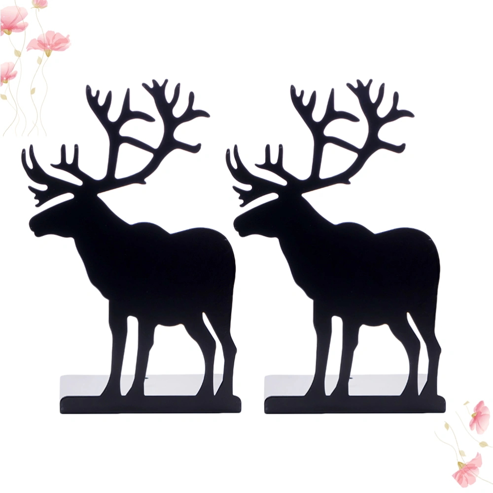 1 Pair Retro Elk Reindeer Shape Metal Book Stand Desktop Finishing Bookend Stand for Books Storage(Black)