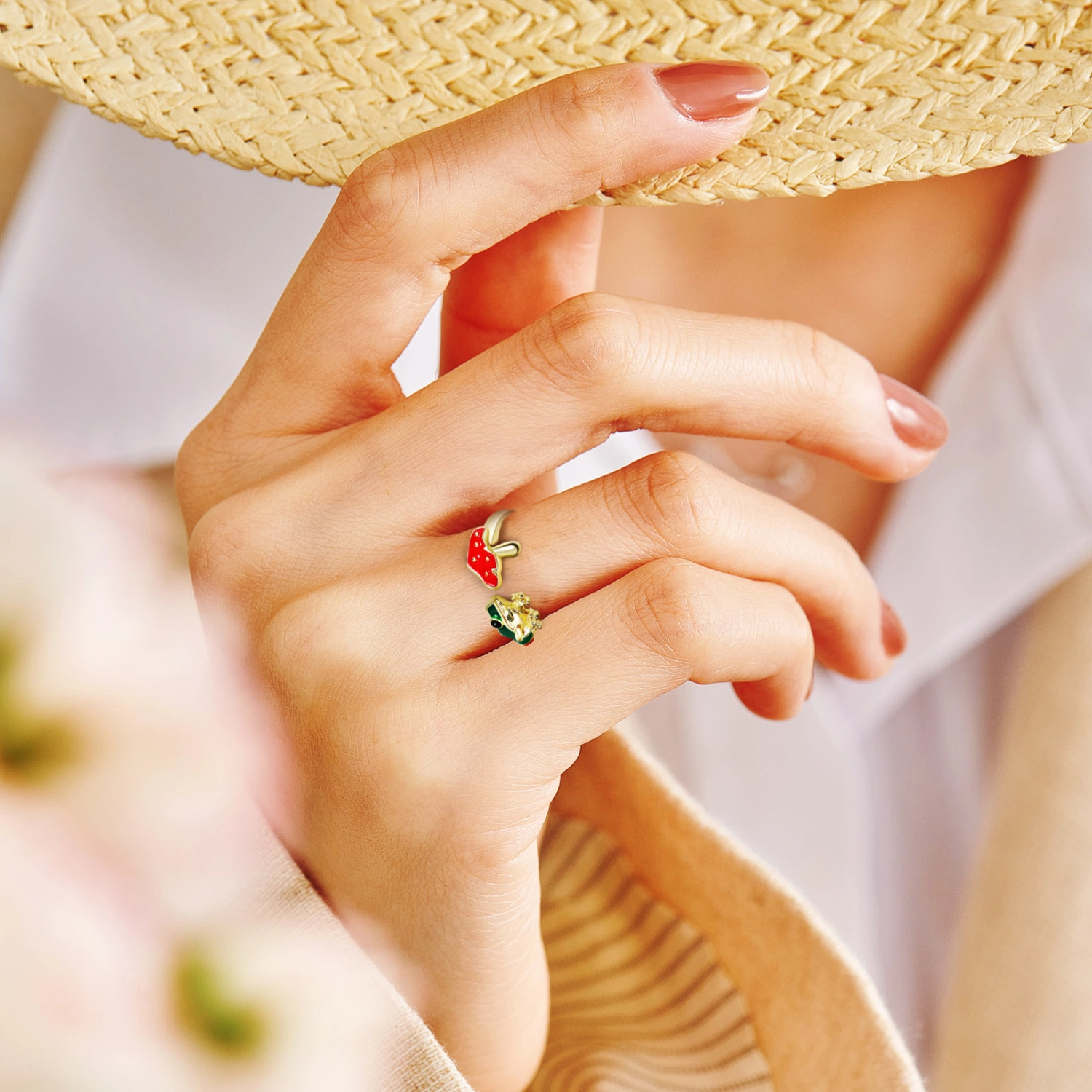 2Pcs Open Ring Cute Frog Mushroom Adjustable Women Finger Ring Aesthetic Jewelry for Birthday Gifts